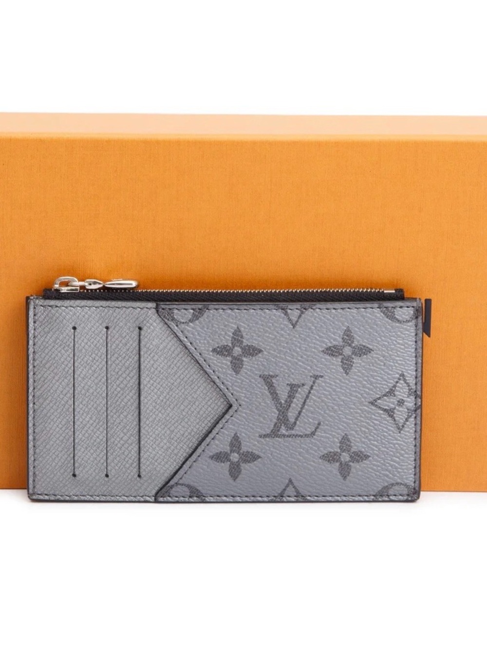 Louis Vuitton Gunmetal Silver Monogram & Taigarama Leather Coin/Card Holder wBox